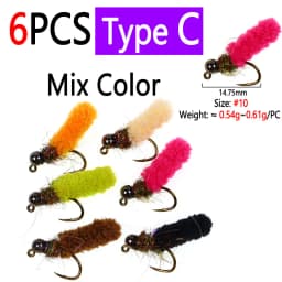 Bimoo 6PCS Brass /Tungsten Bead Head Mop Fly Artificial Crane Fly Caddis Larva Wet Jig Nymph Fly Trout Grayling Fishing Lures