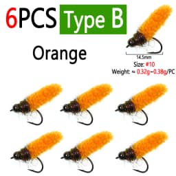 Bimoo 6PCS Brass /Tungsten Bead Head Mop Fly Artificial Crane Fly Caddis Larva Wet Jig Nymph Fly Trout Grayling Fishing Lures