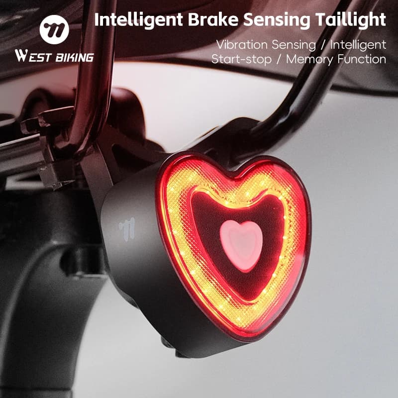 WEST BIKING Bike Tail Light Smart Brake Sensing MTB Road Bike Rear Light IPX6 Waterproof 4 Modes Heart Light Cycling Accessories