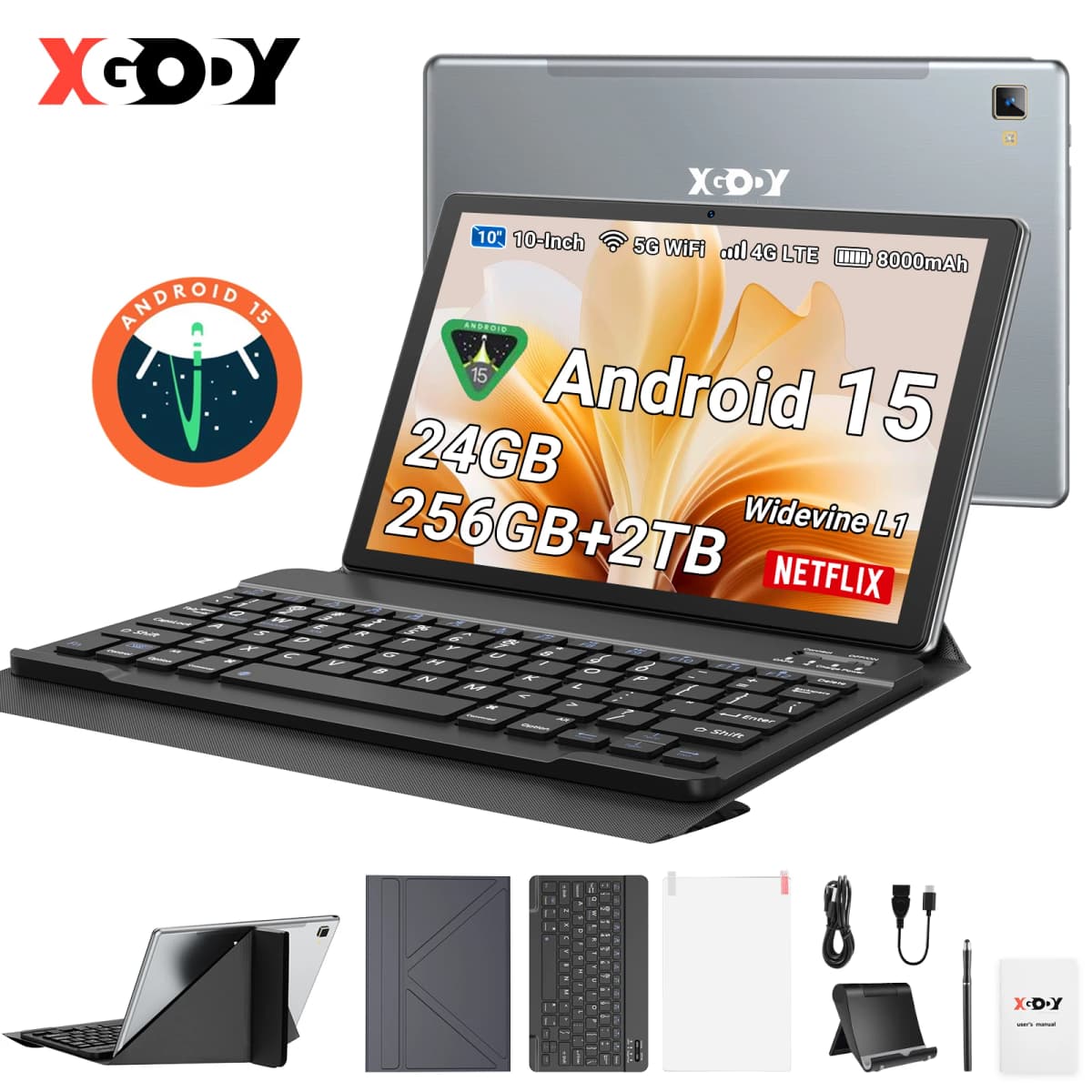 XGODY P60 Pro Android 15 256GB Tablet PC 10 Zoll ultra-klares 90Hz Display 24GB(8+16) 256GB 8000mAh Akku Tablet