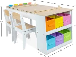 3-in-1 Kids Art Table and 2 Chair Set, Activity Table with Storage, Easel Transformation 5 Paint Cups, 6 Storage Bins,Paper Roll