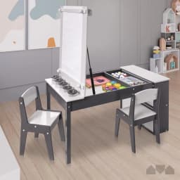 3-in-1 Kids Art Table and 2 Chair Set, Activity Table with Storage, Easel Transformation 5 Paint Cups, 6 Storage Bins,Paper Roll