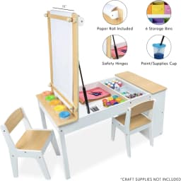 3-in-1 Kids Art Table and 2 Chair Set, Activity Table with Storage, Easel Transformation 5 Paint Cups, 6 Storage Bins,Paper Roll