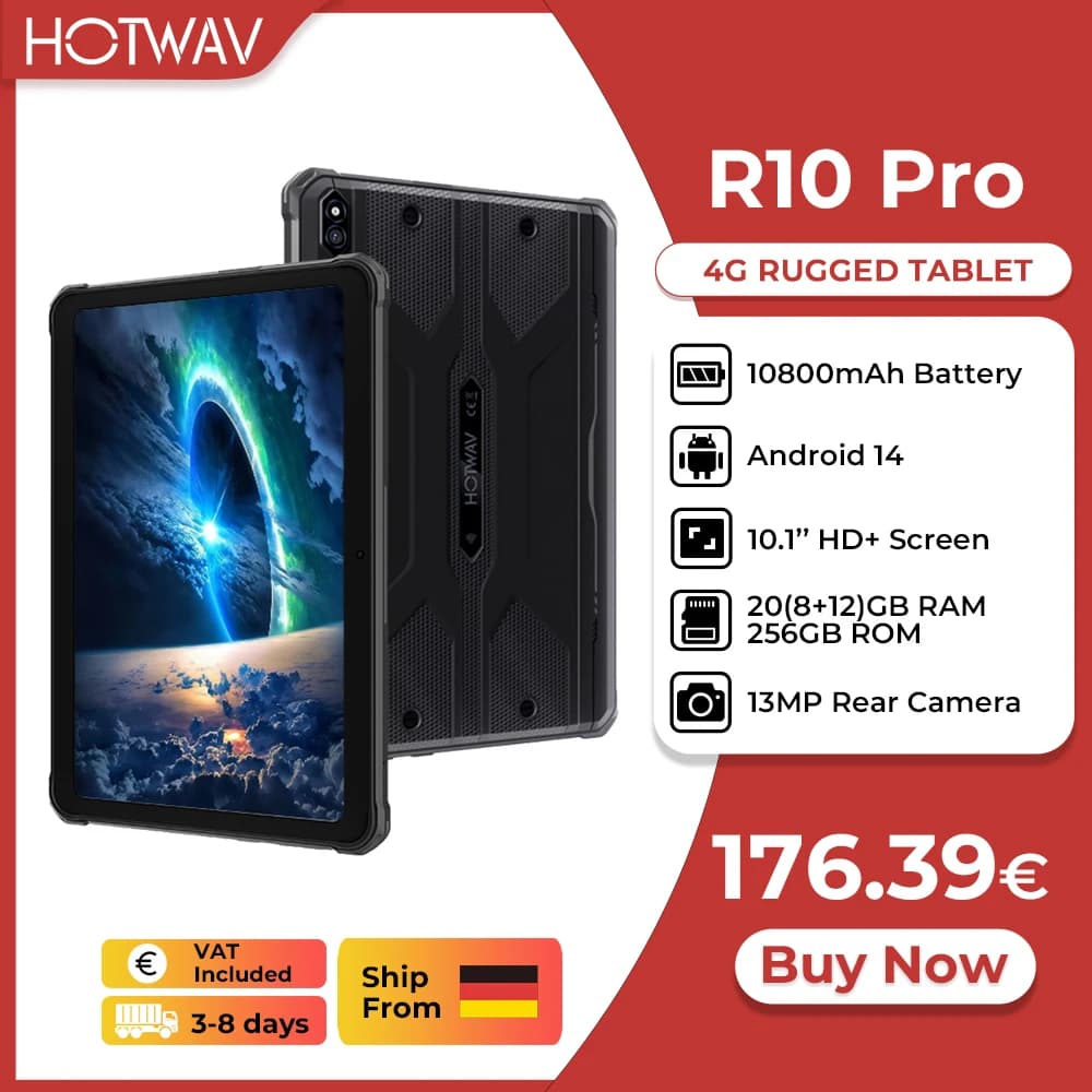 [Ship From Germany] HOTWAV R10 Pro Rugged Tablet 10.1'' HD+ Display 10800mAh Battery Android 14 8GB 256GB 13MP 4G Global Tablet