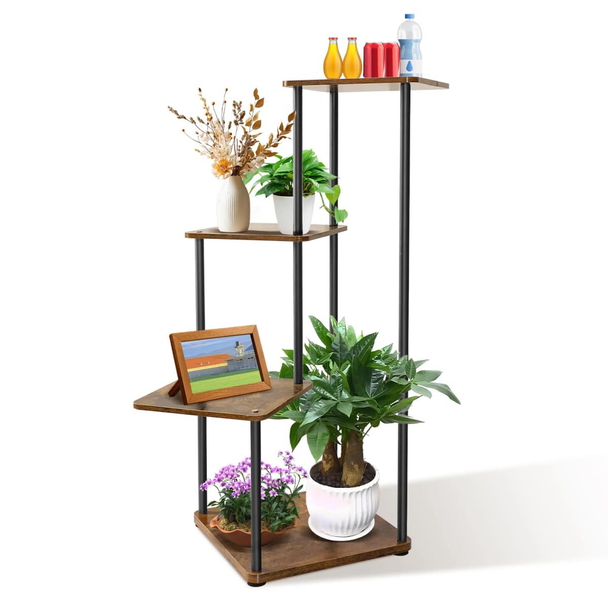 4/5/6 Tier Plant Stand Flower Display Rack, Heavy Duty and Stable, Metal Frame and Wooden Board, for Indoor Outdoor Garden