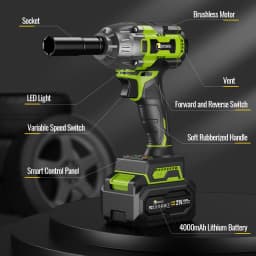 CONENTOOL 520Nm Cordless Impact Wrench 1/2” Brushless Power Tool 21V with 2x 4000mAh Batteries Electric Impact Gun for Car Home