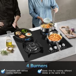 60cm 4 Burner Gas Hob with Wok Burner - 8060W Black Glass Cooker & Flame Failure Protection | NG/LPG Convertible for UK Kitchens