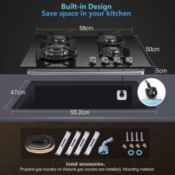 60cm 4 Burner Gas Hob with Wok Burner - 8060W Black Glass Cooker & Flame Failure Protection | NG/LPG Convertible for UK Kitchens