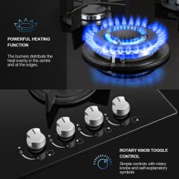 60cm 4 Burner Gas Hob with Wok Burner - 8060W Black Glass Cooker & Flame Failure Protection | NG/LPG Convertible for UK Kitchens