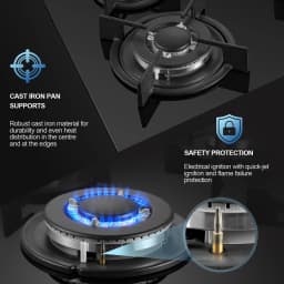 60cm 4 Burner Gas Hob with Wok Burner - 8060W Black Glass Cooker & Flame Failure Protection | NG/LPG Convertible for UK Kitchens