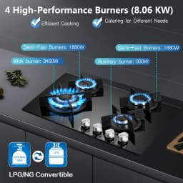 60cm 4 Burner Gas Hob with Wok Burner - 8060W Black Glass Cooker & Flame Failure Protection | NG/LPG Convertible for UK Kitchens