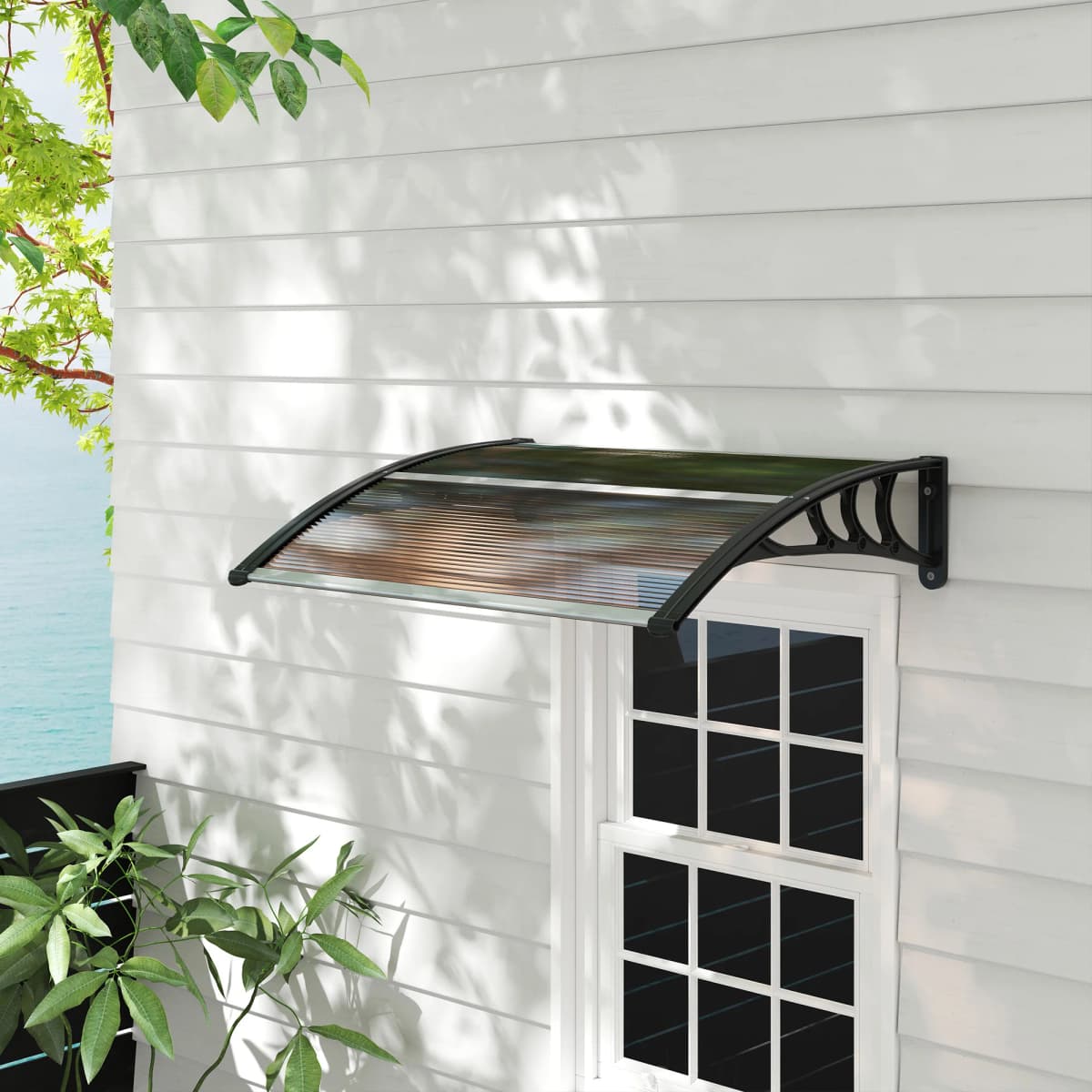 Outsunny Curved Window Door Canopy Aluminium Rigid Plastic Polycarbonate Fixed Outdoor Awning Modern Design UV Water Rain