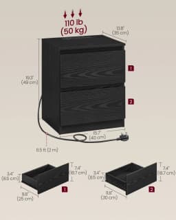VASAGLE KAILYN Collection - Nightstand with Charging Station, Bedside Table with Drawers, Side End Table