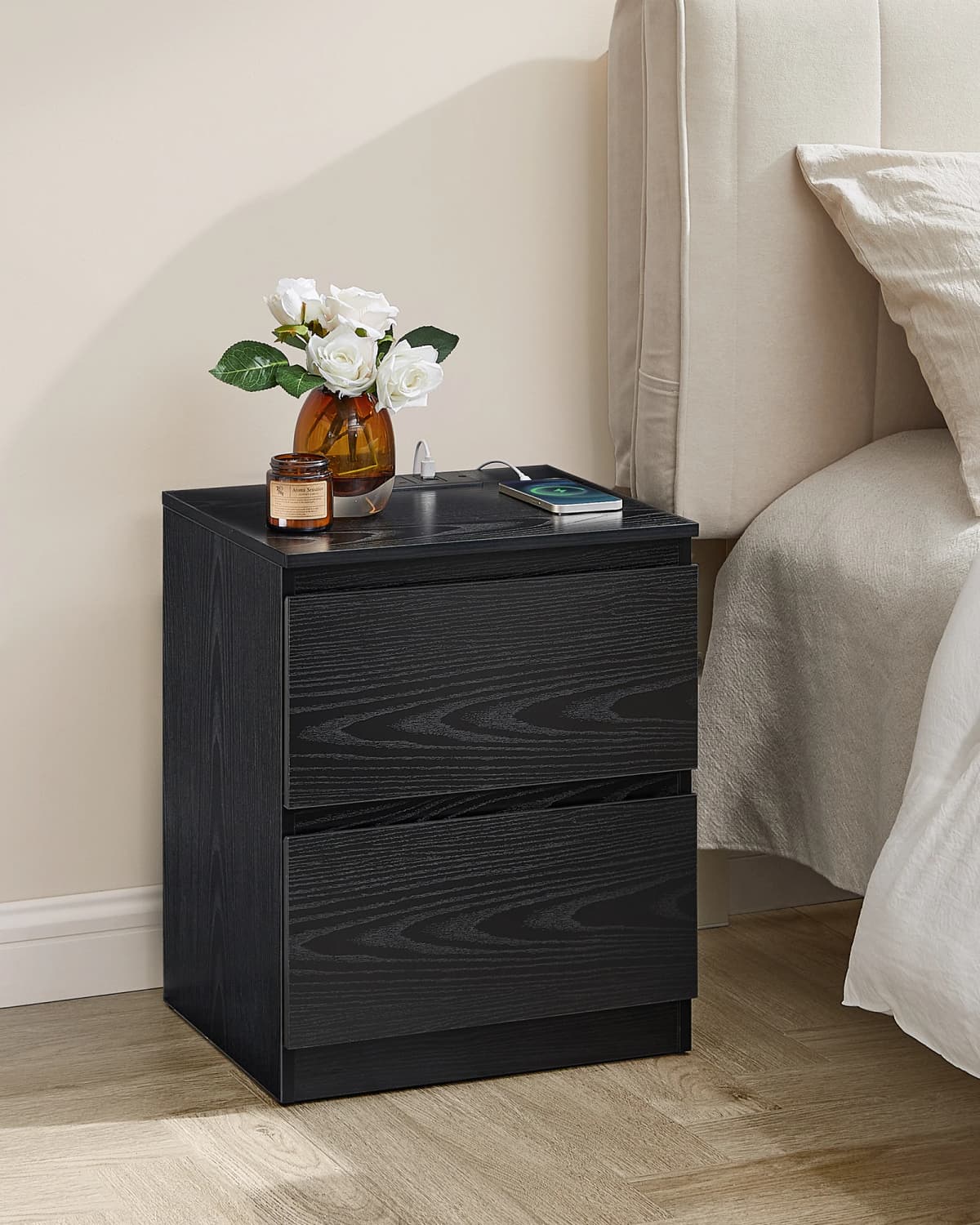 VASAGLE KAILYN Collection - Nightstand with Charging Station, Bedside Table with Drawers, Side End Table