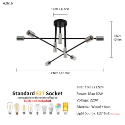 Sputnik Lamp, 4 Lights E27 Vintage Metal Ceiling, Modern 180° Adjustable Ceiling Lamp for Bedroom Living Loft [E27 No Bulb]