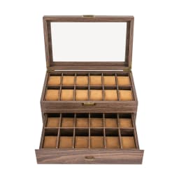 24-Bit Watch Box, 2-Tier Rustic Brown Watch Display Case with Glass Window, Tabletop Jewelry Storage Organizer for Men & Women