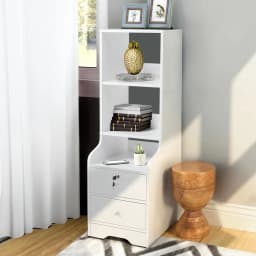 【Lifeideas】White Corner Bookshelf 3/4/5 Layers Wooden Ultra-thin Storage Rack with Lockable Drawer for Living Room Bedroom Hom