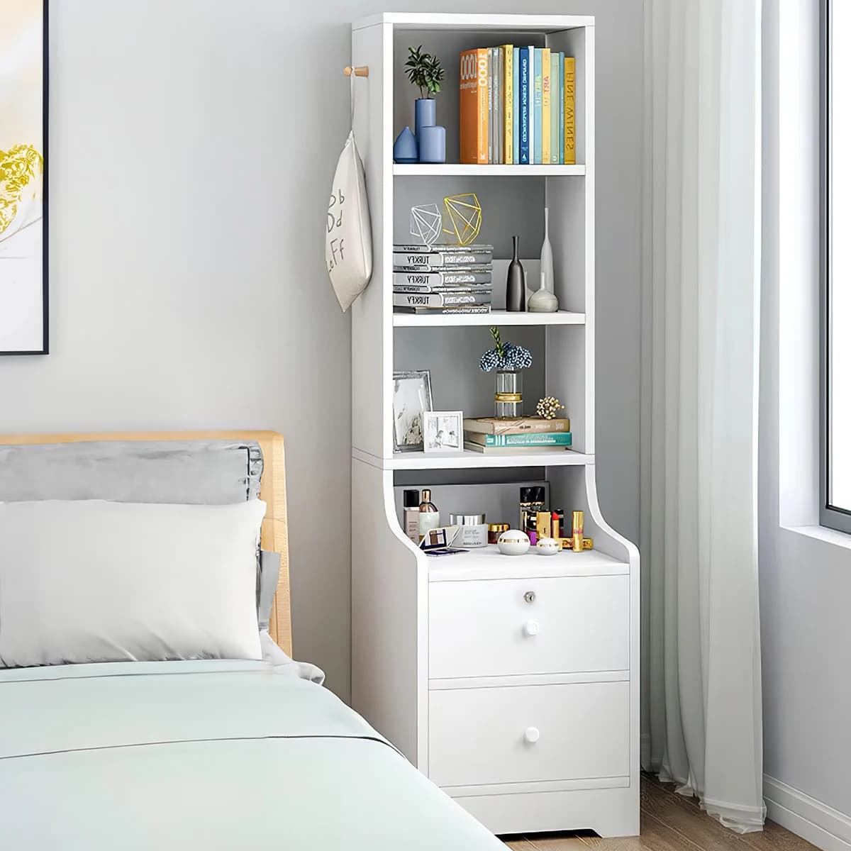【Lifeideas】White Corner Bookshelf 3/4/5 Layers Wooden Ultra-thin Storage Rack with Lockable Drawer for Living Room Bedroom Hom