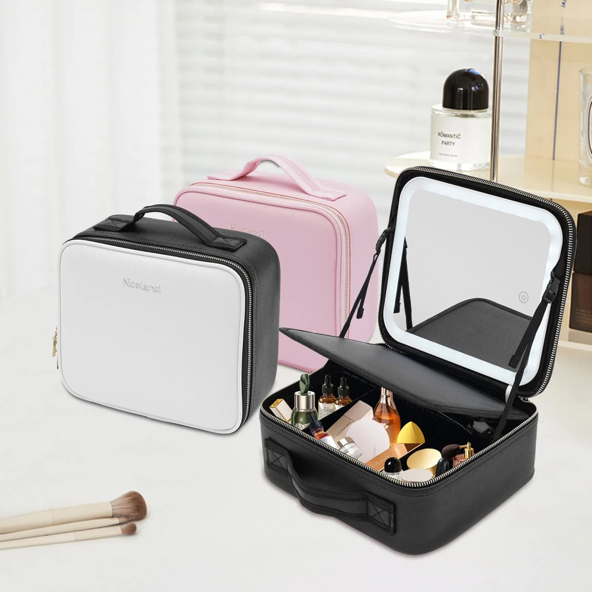 Travel Makeup Bag with LED Mirror, Organiser Case with Adjustable Compartment, 3 Color Scenarios Adjustable Makeup Train Case