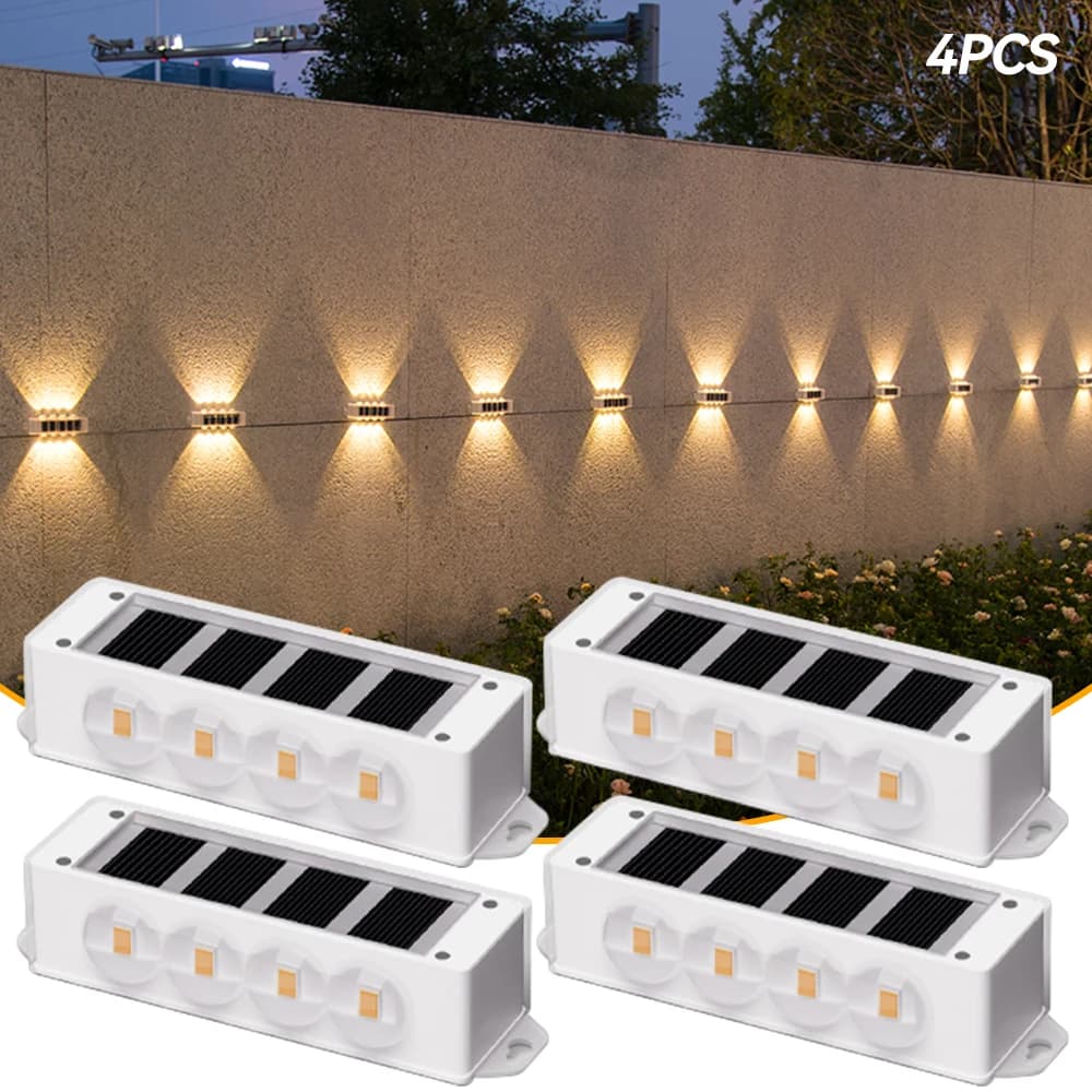 Solar Warm Light Wall Lights Up and down Lighting 8LED Wall Washing Waterproof for Outdoor Fence Walkway Porch Deck