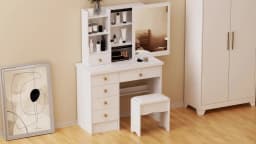 Makeup Vanities Vanity Desk with Sliding Mirror, Bedroom Dressing Table, Makeup Desk with 6 Drawers Bedroom Furniture