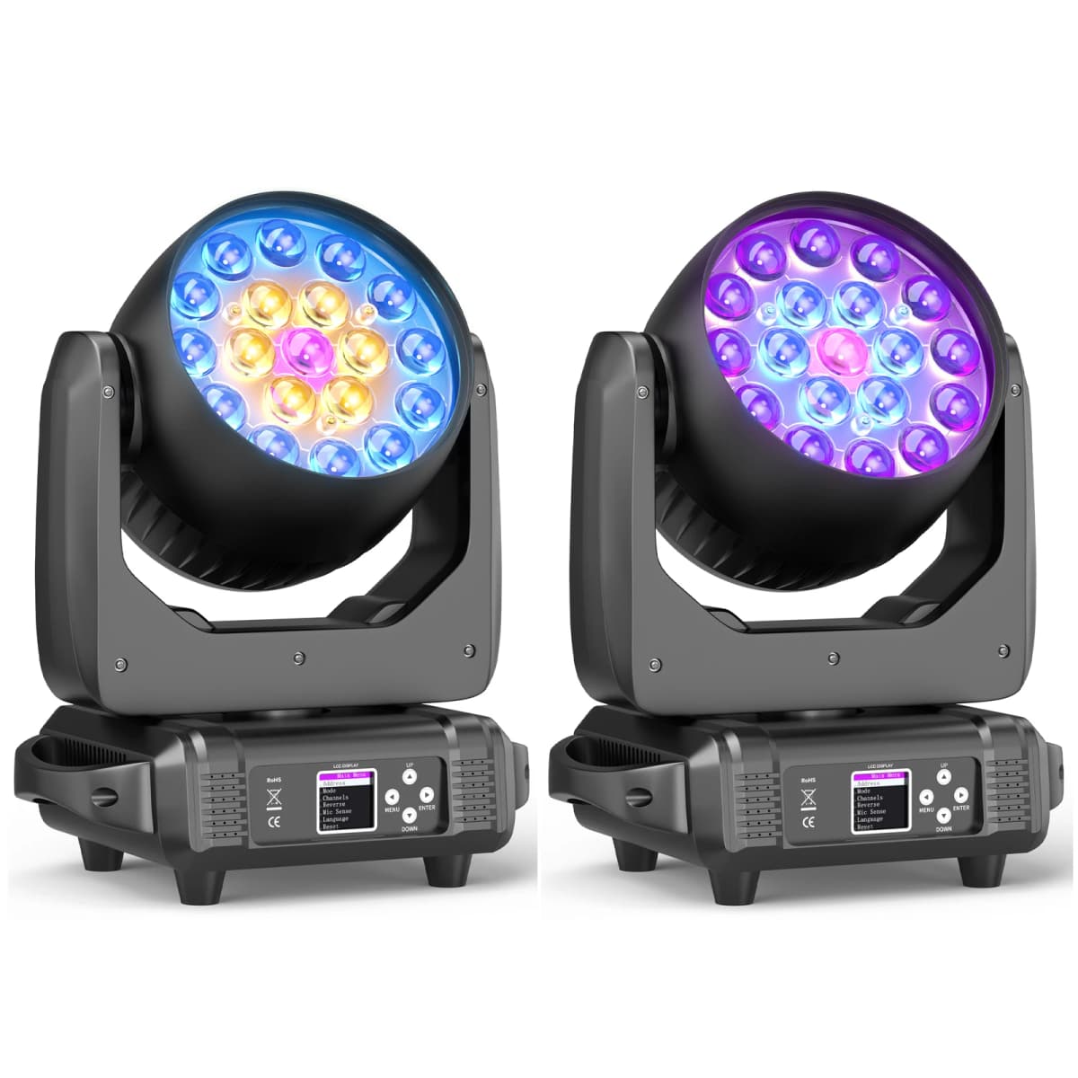 Datewink 2Pcs 19X15W LED Moving Head Lights 4IN1 RGBW Beam Wash Zoom Stage Lighting Effect DMX512 For DJ Disco Wedding Party Bar