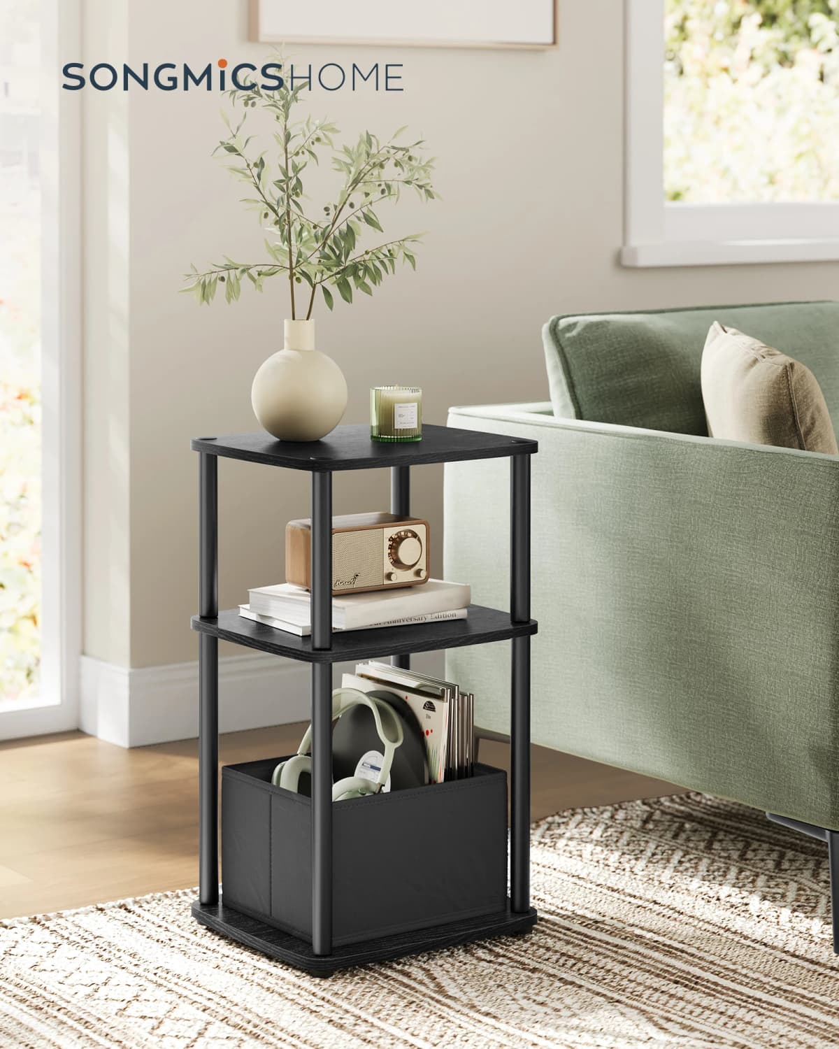 SONGMICS HOME Side Table, Bedside Table, End Table with 3 Storage Shelves, Fabric Basket