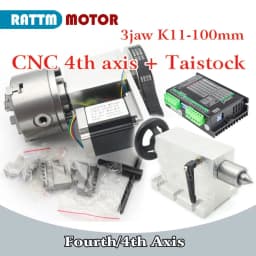 【EU Stock】K11 K12 80mm 100mm 3 Jaw or 4Jaw Chuck 4th Axis+Tailstock Dividing Head Rotation Axis with Nema23 stepper Motor Driver