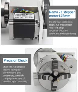 【EU Stock】K11 K12 80mm 100mm 3 Jaw or 4Jaw Chuck 4th Axis+Tailstock Dividing Head Rotation Axis with Nema23 stepper Motor Driver