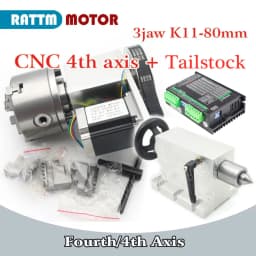 【EU Stock】K11 K12 80mm 100mm 3 Jaw or 4Jaw Chuck 4th Axis+Tailstock Dividing Head Rotation Axis with Nema23 stepper Motor Driver