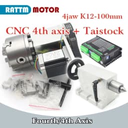【EU Stock】K11 K12 80mm 100mm 3 Jaw or 4Jaw Chuck 4th Axis+Tailstock Dividing Head Rotation Axis with Nema23 stepper Motor Driver
