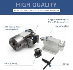 【EU Stock】K11 K12 80mm 100mm 3 Jaw or 4Jaw Chuck 4th Axis+Tailstock Dividing Head Rotation Axis with Nema23 stepper Motor Driver