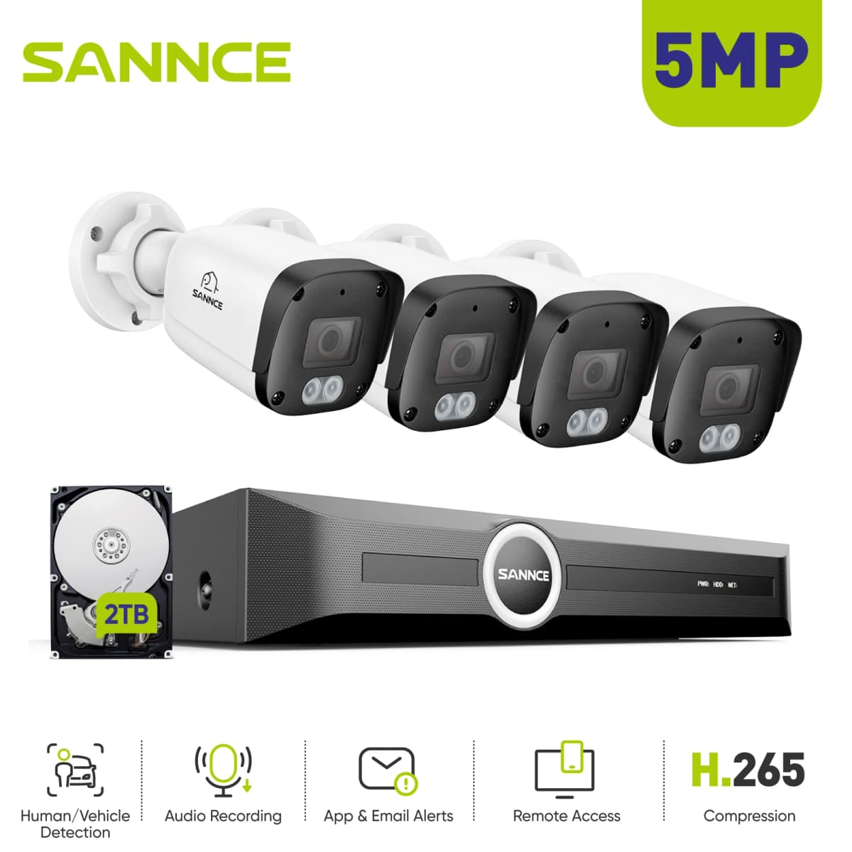 SANNCE 5MP Pixel Video Surveillance Network Kit 2.8MM Lens 8CH NVR Built-in Microphone Smart IR Night Vision Security System