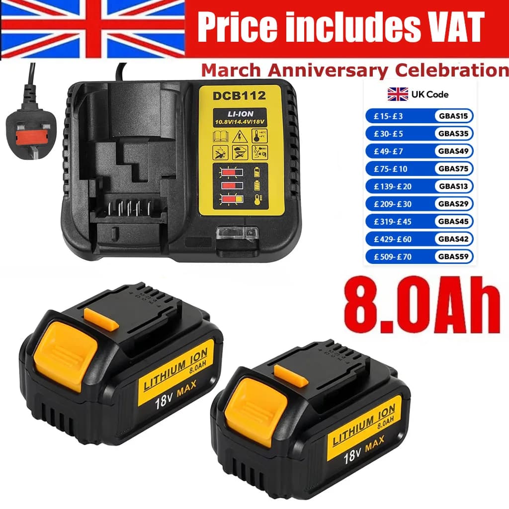 2Pack 8.0Ah 18V Li-ion Battery for Dewalt XR Slide Li-ion DCB184 DCB182 DCB183 + DC18RC Charger
