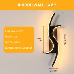 LED Wall Applique, Black Interior Wall Lamp, Warm White Light 3000K Modern Curve for Bedroom, Living Room, Corridor, 3000K