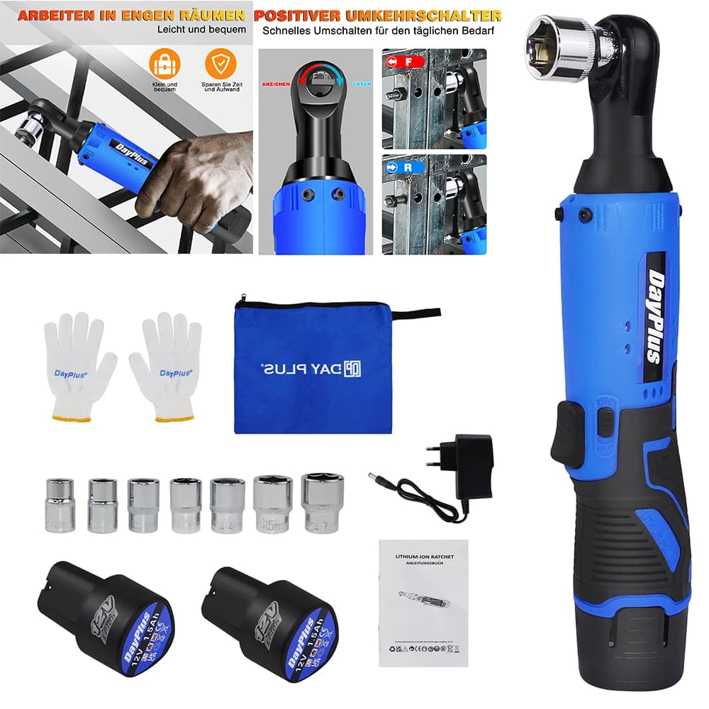 Cordless Ratchet Wrench Set,3/8"300 RPM 12V Power Electric Ratchet Driver with 7 Sockets,Two 1500mAh Li-Ion Batteries