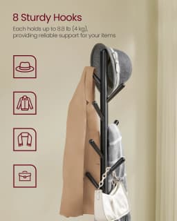 VASAGLE Coat Rack Stand, Free Standing Hall Tree with 8 Hooks and Storage Shelf, 170.5 cm Tall, for Coats, Hats, Bags