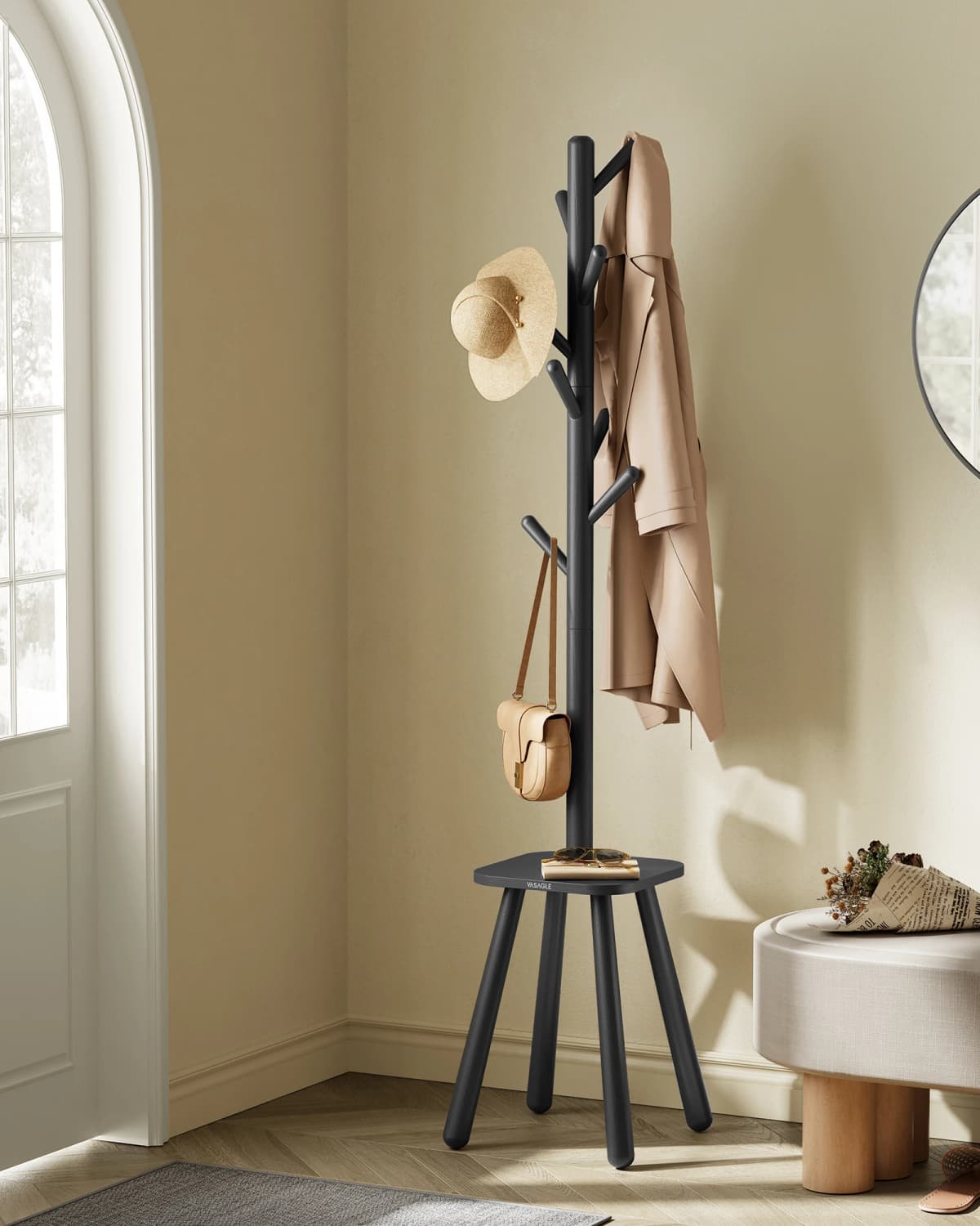 VASAGLE Coat Rack Stand, Free Standing Hall Tree with 8 Hooks and Storage Shelf, 170.5 cm Tall, for Coats, Hats, Bags
