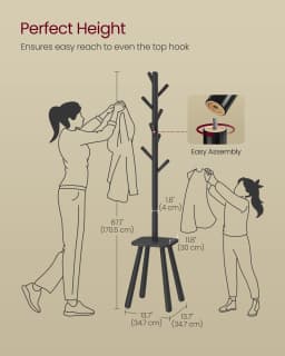 VASAGLE Coat Rack Stand, Free Standing Hall Tree with 8 Hooks and Storage Shelf, 170.5 cm Tall, for Coats, Hats, Bags