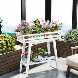 2 Tier Bamboo Plant Stand Garden Plant Shelf Flower Pot Holder for Balcony, Entryway Living Room, White