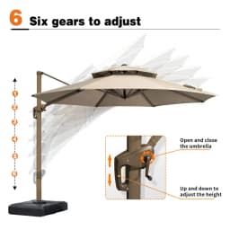 3M Roma Round aluminium double-topped umbrella, 360°rotating offset patio umbrella, khaki with cover