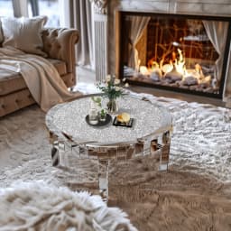 Luxury Silver Round Mirrored Coffee Table Elegant Accent Side Table with Glass Tabletop for Living Room Bedroom