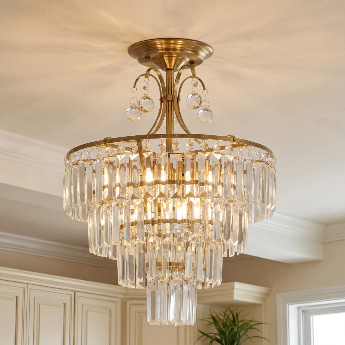 Luxury Gold Crystal Ceiling Light, Round Dimmable Semi-Flush Mount Modern Crystal Ceiling Light for Dining Room/Bedroom/Hallway