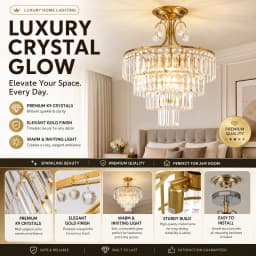 Luxury Gold Crystal Ceiling Light, Round Dimmable Semi-Flush Mount Modern Crystal Ceiling Light for Dining Room/Bedroom/Hallway