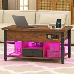 YITAHOME Rustic Brown 4-in-1 Lift-Top Coffee Table - Foldable w/Drawer, Type-G Outlets & LED Lights for Living/Dining Room