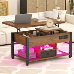 YITAHOME Rustic Brown 4-in-1 Lift-Top Coffee Table - Foldable w/Drawer, Type-G Outlets & LED Lights for Living/Dining Room