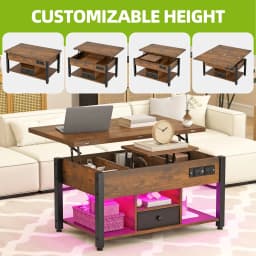 YITAHOME Rustic Brown 4-in-1 Lift-Top Coffee Table - Foldable w/Drawer, Type-G Outlets & LED Lights for Living/Dining Room