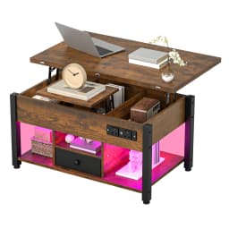 YITAHOME Rustic Brown 4-in-1 Lift-Top Coffee Table - Foldable w/Drawer, Type-G Outlets & LED Lights for Living/Dining Room