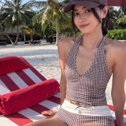 Sexy V-neck Small Chest Gathered To Cover The Belly Exposed Back Fashionable Checkered Flat Angle Pants Split Swimsuit for Women
