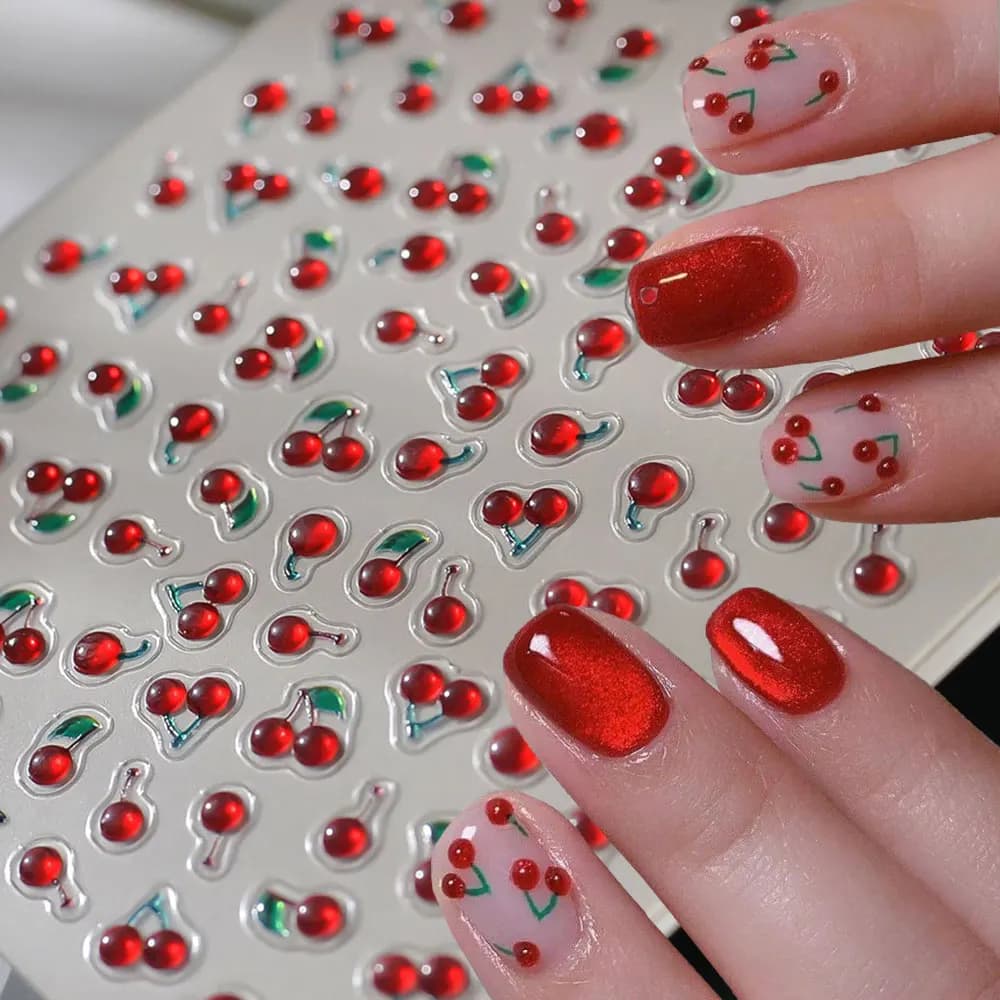 1/2Pcs 5D Red Crystal Cherry Nail Art Stickers Soft Jelly Cherrys Nail Decals Self-Adhesive Fruit Cherry Nail Charms Decoration